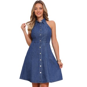 INSPIRE CHIC Women's Lightweight Halter Neck Button Down A-Line Denim Dress - 1 of 4