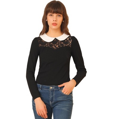 INSPIRE CHIC Women's Lace Panel Long Sleeves Peter Pan Collar Blouse