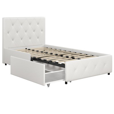 Twin White Upholstered Platform Bed with Storage Drawers