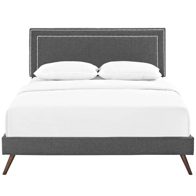 Gray Queen Upholstered Platform Bed with Nailhead Trim