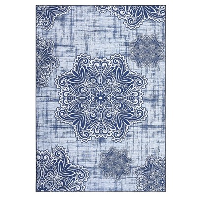 Area Rug Vintage Medallion Machine Washable Rugs Non Slip Non Shedding Distressed Printed Low Pile Foldable Carpet for Bedroom Living Room Playroom