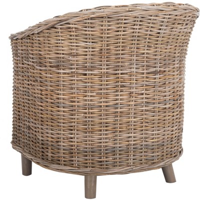 Natural Unfinished Rattan Barrel Accent Chair with White Cushion