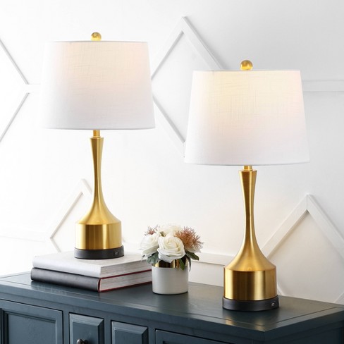 360 Lighting Simone Modern Table Lamps 28 Tall Set of 2 Sculptural Gold  Metal USB Charging Port White Rectangular Shade Bedroom Living Room