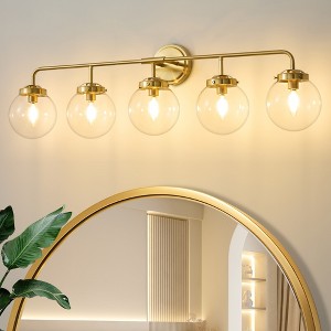 POWLIG 38.98-in 5-Light Gold Bathroom Light Fixtures Over Mirror Vanity Lighting with Clear Glass Globe Shades - 1 of 4