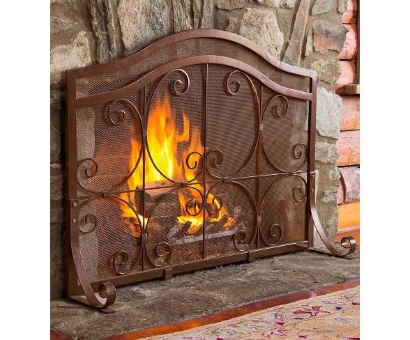Large Crest Flat Guard Fireplace Fire Screen Copper Plow