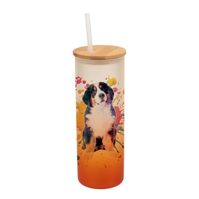 100 North 25 Ounce Frosted Glass Gradient Travel Tumbler With Straw & Wooden Lid, Bernese Mountain Dog Paint Splatter Orange
