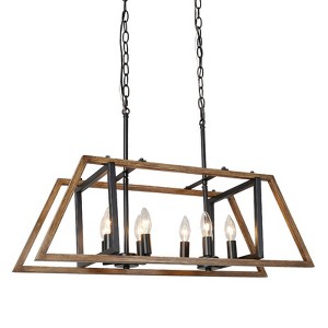 LNC Martin 8-Light 30" Farmhouse Recentagle Oversized Chandelier, Matte Black and Antique Brown Wood Tone - 1 of 4