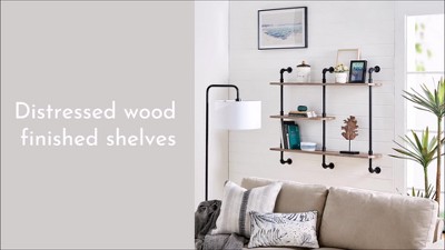 Aurora Rustic Black Iron and Wood 3-Tier Wall Shelf
