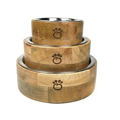 Small Mango Wood Elevated Dog Bowl with Stainless Steel Insert