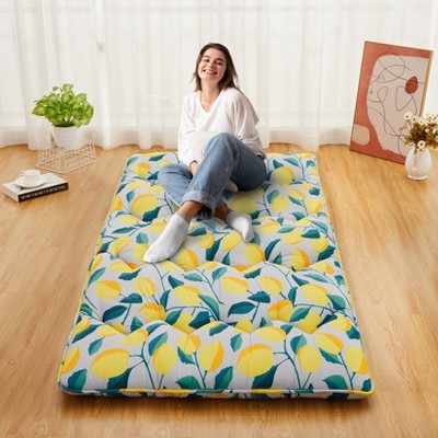 Japanese Style Floral Print Futon Mattress, Portable Floor Mattress Roll-Up Tatami Mat with Yellow Lemon Design, Ideal for Sleeping & Travel