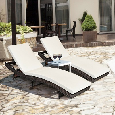 Costway 2PCS Patio Rattan Folding Lounge Chair Chaise Adjustable White  Cushion