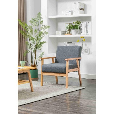CAVINAS Linen Accent Chair with High Backrest and Solid Wood Arms,Cozy Upholstered Living Room Chairs,Reading Chairs for Living Room