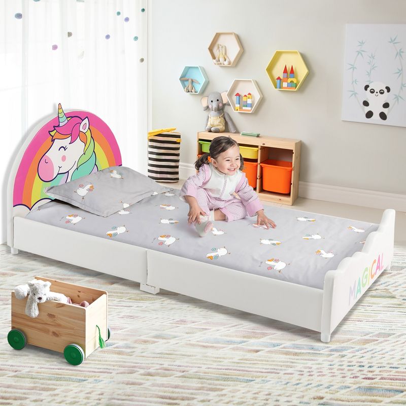 Costway Kids Upholstered Platform Bed Children Twin Size Wooden Bed Unicorn Pattern, 5 of 11