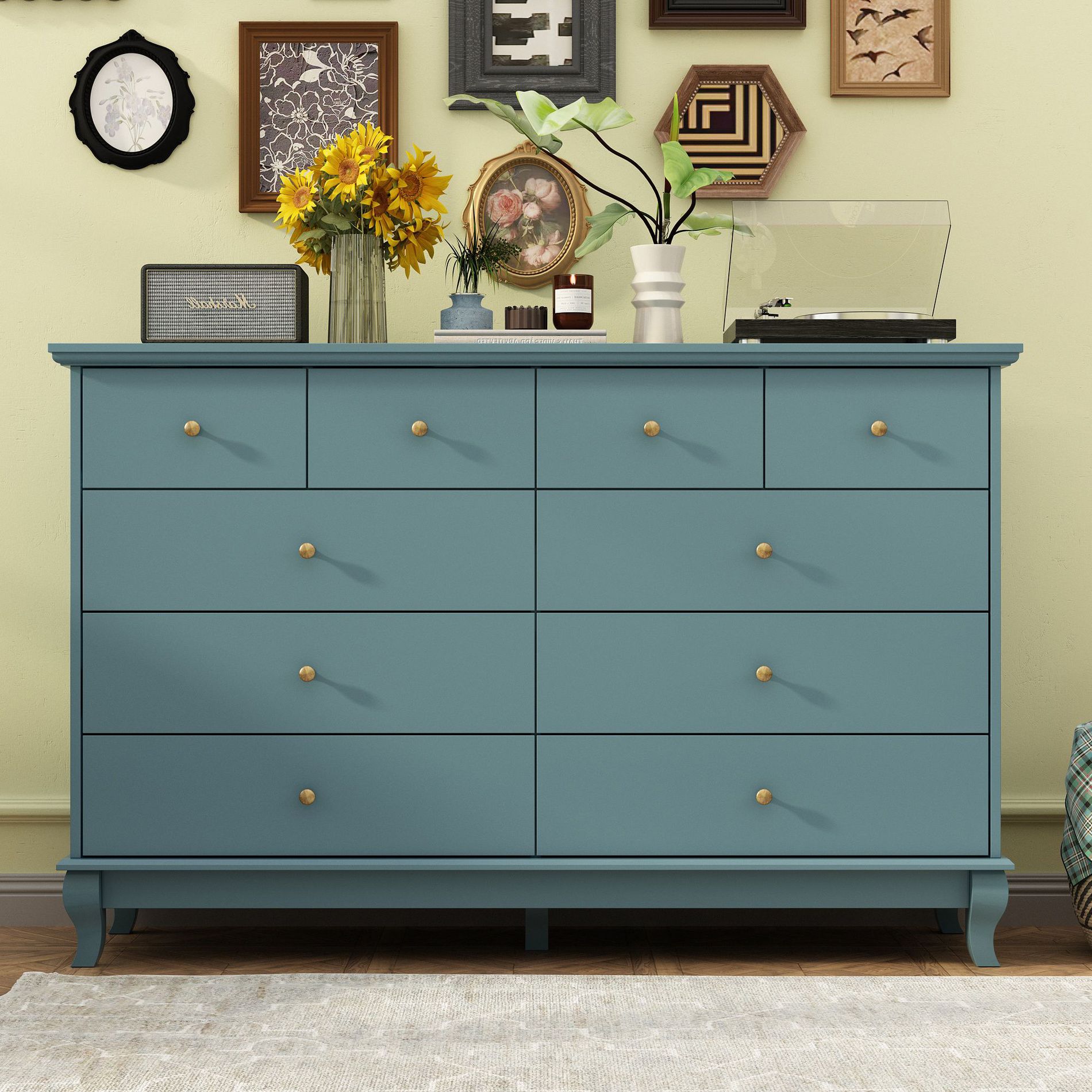 Famapy Blue 10 Drawers Dresser With Round Handles