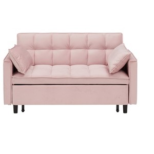 TiramisuBest Modern Velvet 3-in-1 Convertible Loveseat Sofa Bed with Rollaway Bed, Curved Backrest, Two Pillows, and Storage Pockets,Pink - 1 of 4