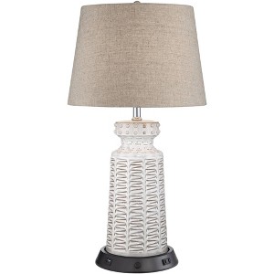 360 Lighting Helene Country Cottage Table Lamp 26" High Cream White Ceramic with Dimmable USB Workstation Base Tan Drum Linen for Living Room Desk - 1 of 4