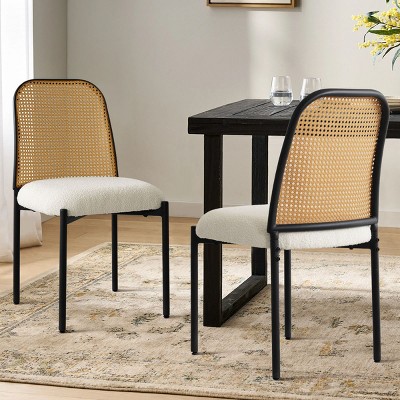 Milan Cane Dining Chair Set Of 2, Upholstered Boucle Dining Room Chair with Rattan Back - The Pop Home