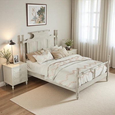 Merax Vintage Country Style Pine Wood Four Poster Platform Bed with Carved Headboard