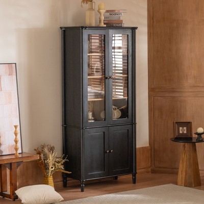 73'' Tall Black Display Cabinet,Mid Century Modern Bookcase with Glass Doors & Adjustable Shelves for Living Room Kitchen Dining Room-Baofuwish