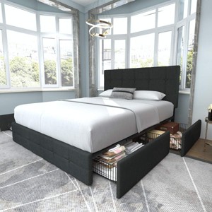 Allewie Queen Upholstered Bed Frame/4 Storage Drawers/Adjustable Headboard/Square Stitched Button Tufted/wooden Support/Easy Assembly/Dark Grey - 1 of 4