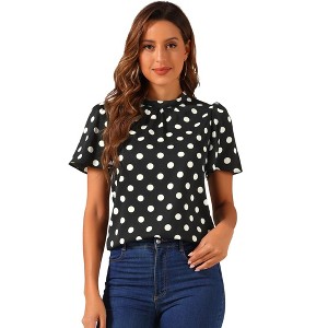 INSPIRE CHIC Women's Polka Dots Stand Collar Pleat Keyhole Back Short Flare Sleeve Tops - 1 of 4