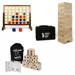 YardGames Giant Tumbling Timbers Backyard Game Bundle with Oversized Indoor Outdoor 4 in a Row, 6 Wooden Jumbo Dice, and Carrying Case