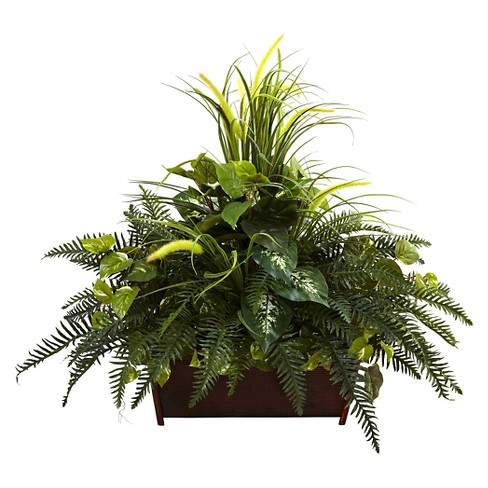 Nearly Natural Mixed Grass River Fern With Wood Planter Target