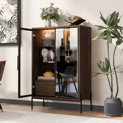 51.2''H Glass Display Cabinet with LED Lighting,2 Drawers & Adjustable Shelves,Modern Curio Pantry for Living Room Kitchen-Baofuwish