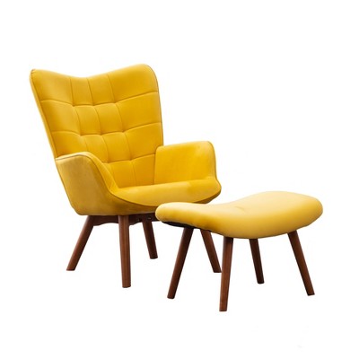 Vynxaria Blue Velvet Modern Accent Chairs with High Back, Armrests, Wooden Legs, and Ottoman, ideal for Indoor Spaces