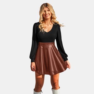 Women's Black Long Sleeve Top Faux Leather Skirt Mini Fall Dress - Cupshe - 1 of 4