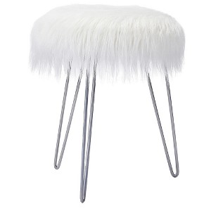 BirdRock Home Round Faux Fur Foot Stool Ottoman - White with Silver Legs - 1 of 4
