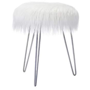 BirdRock Home Round Faux Fur Foot Stool Ottoman - White with Silver Legs