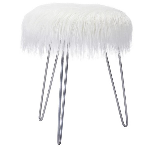 BirdRock Home Faux Fur Foot Stool Ottoman with Wood Legs - Pink