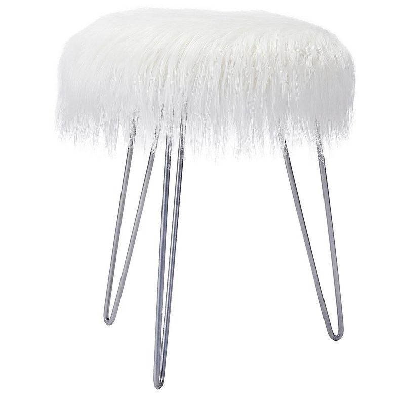 BirdRock Home Round Faux Fur Foot Stool Ottoman - White with Silver Legs, 1 of 5