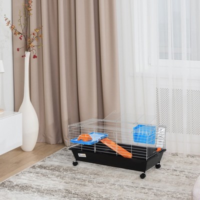 PawHut 35" Black Small Animal Cage with Wheels and Ramp