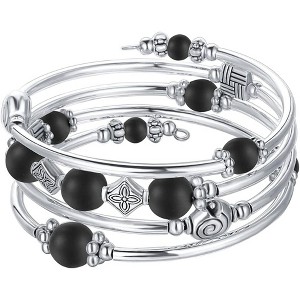 Beaded Pearl Bangle Wrap Bracelet with Thick Silver Metal Beads, Multilayer Bohemian Charm Jewelry for Women - 1 of 4