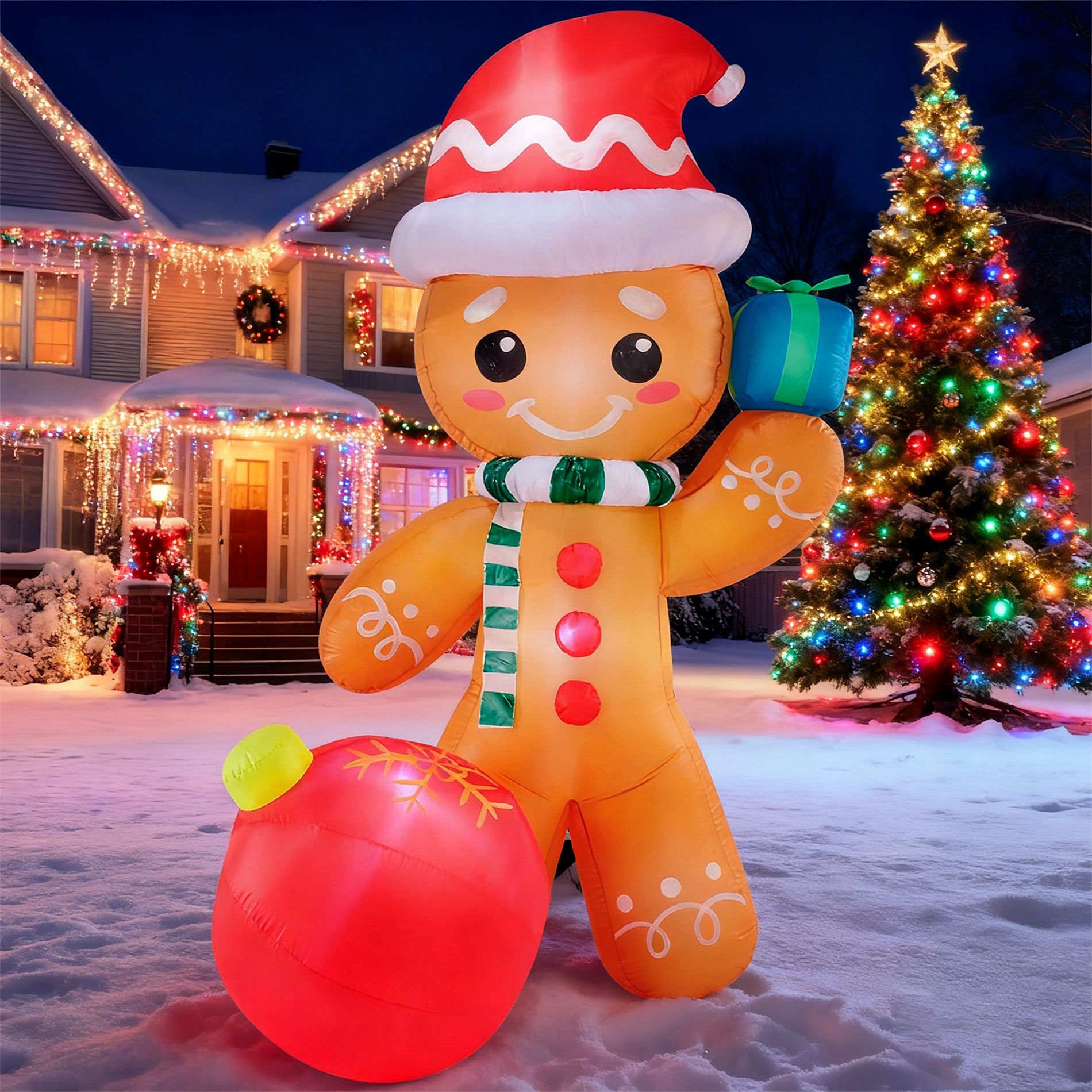 Joyfy 8 FT Christmas Inflatable Outdoor Decorations, Gingerbread Man with Gift Box Inflatable with Built-in LEDs for Xmas Indoor Outdoor Yard Décor