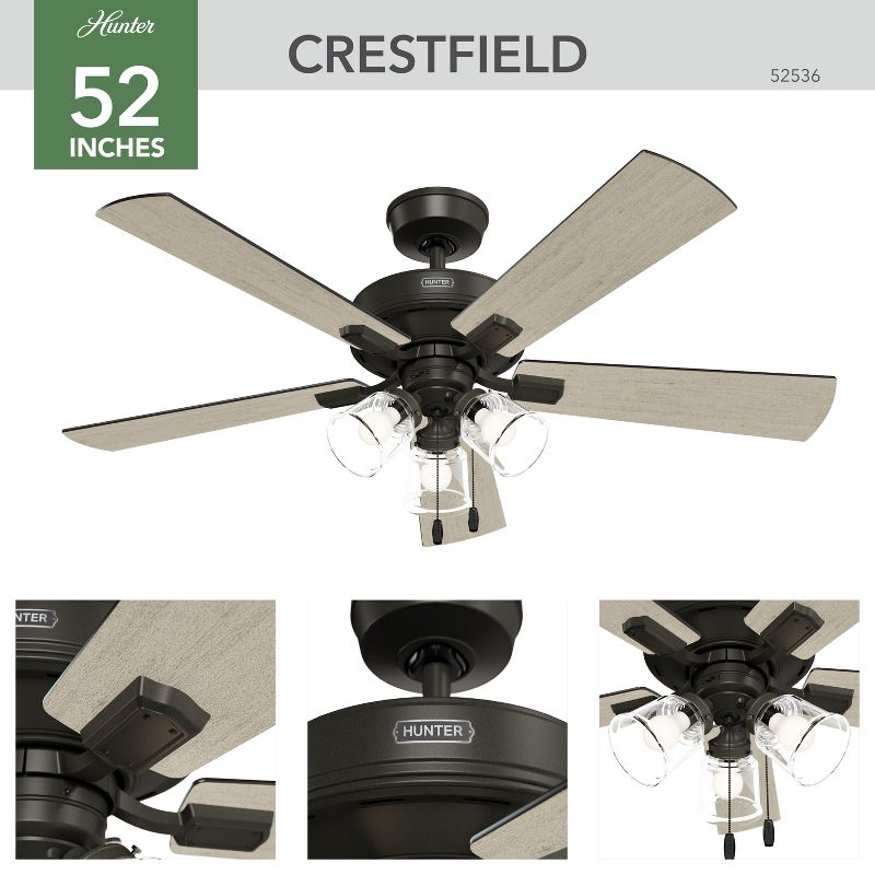 52" Crestfield Ceiling Fan with Light Kit and Pull Chain (Includes LED Light Bulb) - Hunter Fan, 3 of 15