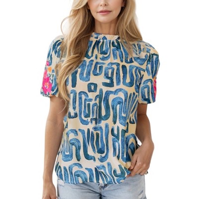 Amaryllis Women's Abstract Print Blouse High Neck Short Sleeves Floral Accents Relaxed Fit