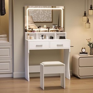 Makeup Vanity Desk with LED Mirror & Charging Station, Compact Dressing Table with 1 Chair,Outlets for Bedroom, Dorm Room - 1 of 4