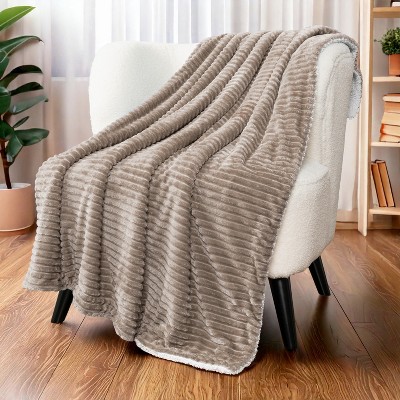 Taupe Sherpa Fleece Reversible Throw Blanket