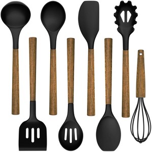 Itopfox 8-Piece Silicone Kitchen Utensil Set with Acacia Wood Handles, Food-Grade Spatulas for Nonstick Cookware, Black - 1 of 4