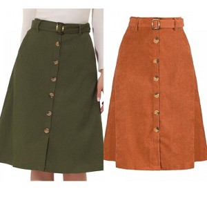 INSPIRE CHIC Women's High Waist Solid Button Front A-Line Belted Corduroy Midi Skirt 2 Packs - 1 of 4
