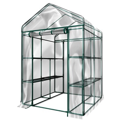 Clear PVC Walk-In Greenhouse with 8 Shelves and Steel Frame