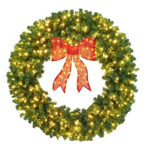 Prelit Christmas Wreaths for Front Door, Weather Resistant Winter Wreath with LED Lights & Red Bow for Fireplace Garage Gates Indoor Outdoor - 1 of 4