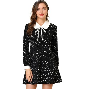 INSPIRE CHIC Women's Sweet Contrast Collar Polka Dots Tie Neck Long Sleeve A-line Dress - 1 of 4