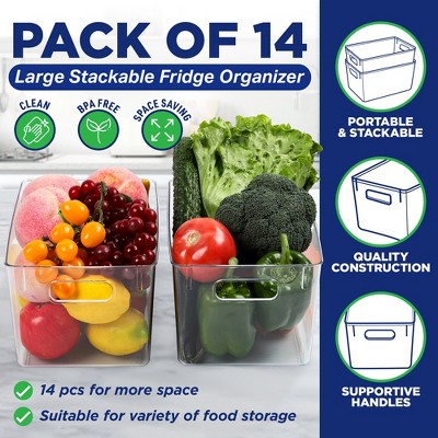 LifeMaster  Large Fridge Organizer PET Clear Bins - Maximize Storage Space, Easy to Clean, Portable & Stackable