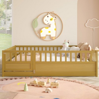 Toddler Bed with High Guardrails and Door, Safe & Sturdy Wooden Bed Frame for Kids’ Bedroom, Playroom, and Reading Space – The Pop Home