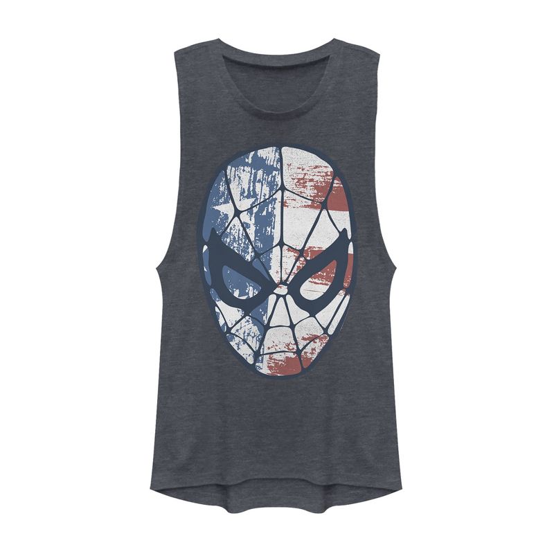 Juniors Womens Marvel Fourth of July  Spider-Man American Flag Mask Festival Muscle Tee, 1 of 4
