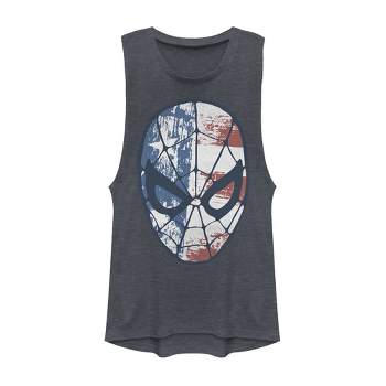 Juniors Womens Marvel Fourth of July  Spider-Man American Flag Mask Festival Muscle Tee